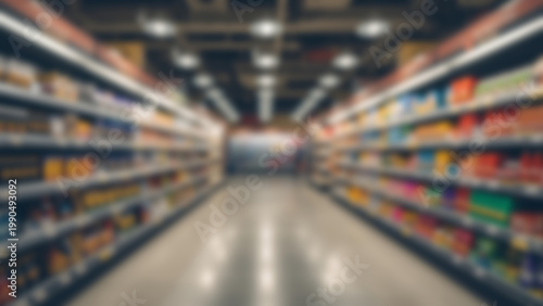 Blurred Perspective of a Grocery Store Aisle with Shelves Stocked with Products.