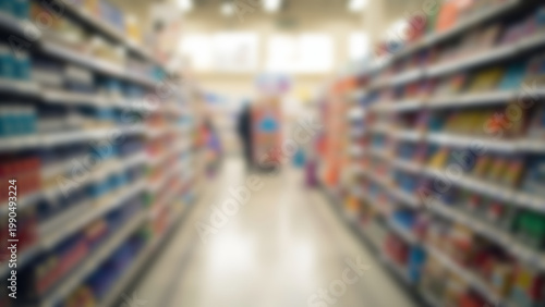 Blurred View of a Supermarket Aisle with Shelves and Products.
