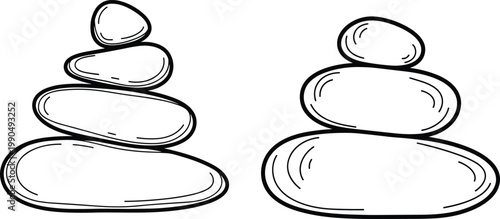 Minimalist black and white balanced stone stacks illustration, zen meditation concept artwork, calm symmetry design, peaceful harmony nature inspired drawing