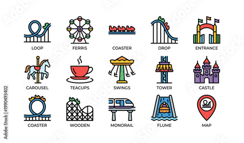 Amusement park icons showing rides and attractions on white grid