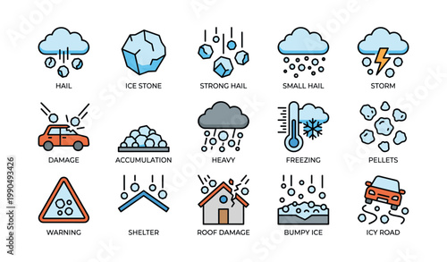 Hail and related weather icons arranged in explanatory grid