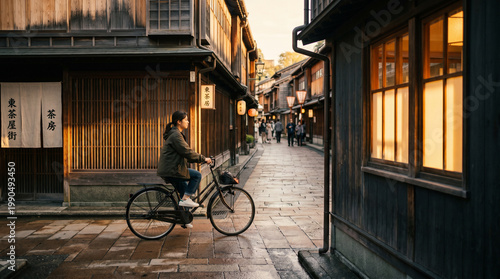 Woman Riding Bicycle Through Traditional Japanese Street at Sunset