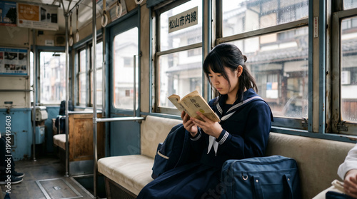Young girl reading on a vintage train in Japan
