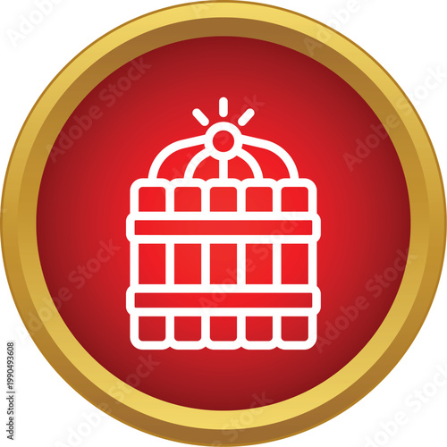 Dynamite sticks bundle with a lit fuse on a red and gold circle