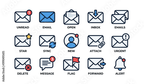 Email and message icons representing inbox actions on white background
