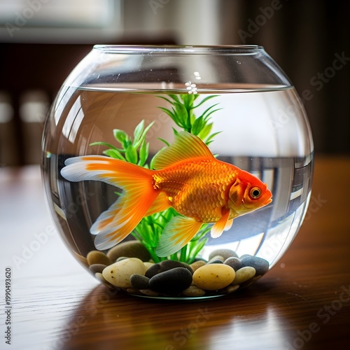 vibrant Orange Goldfish Swimming in a Clear Glass Fishbowl on a Wooden Table