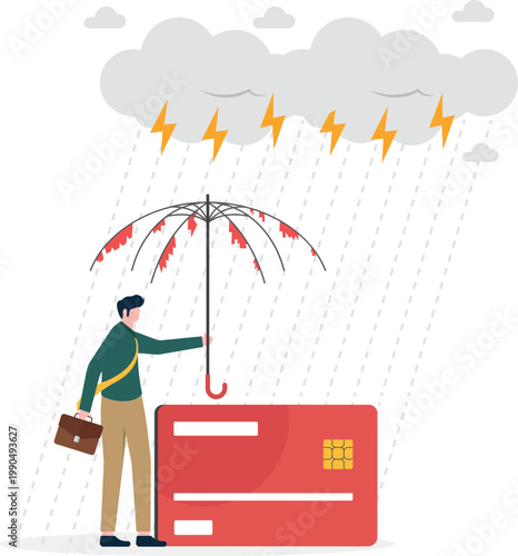 Credit card and finance at risk with torn umbrella