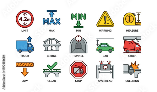 Traffic clearance icons showing vehicle height warnings on white