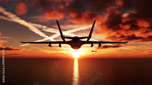 Military drone flying over the ocean at sunset
