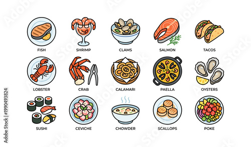 Assorted seafood and dishes icons arranged in grid on white background