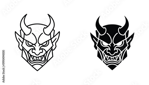 Japanese demon mask icon set featuring Hannya mask design in traditional style vector illustration