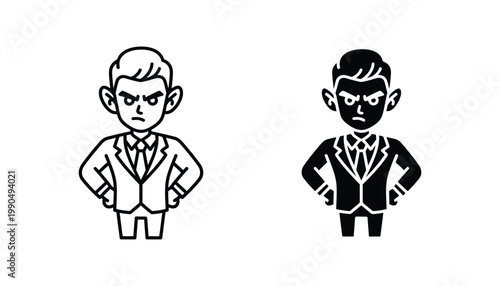 Angry businessman character icon set featuring cartoon professional man in suit with crossed arms vector illustration