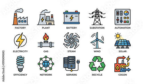 Energy and power generation icons showing sources and systems