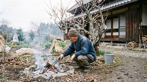 Elderly man tending to outdoor fire in rural garden