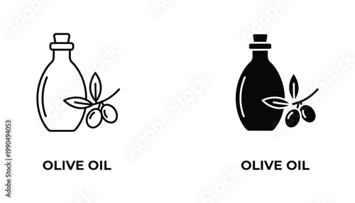 Olive oil bottle icon with olive branch sprig in minimalist black and white vector style for healthy cooking and food product packaging design