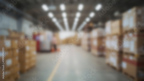 Blurred Warehouse Interior with Boxes and Forklift, Logistics and Storage.