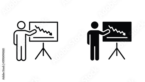 Business presentation icon set showing presenter with downward trend graph vector illustration in line and solid styles