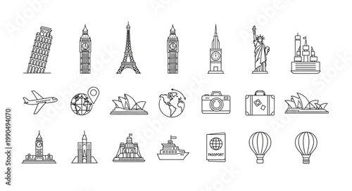 Collection of hand drawn travel landmarks and icons.