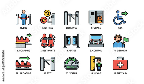 Amusement ride operation icons displayed in grid on white background