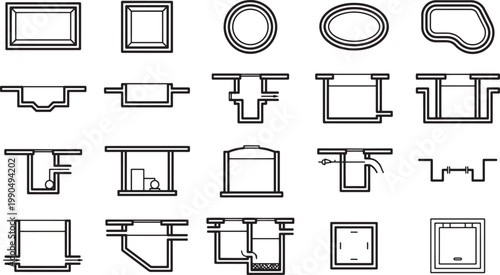 A comprehensive illustration of diverse concrete construction manholes, designed to showcase different engineering aspects and forms.