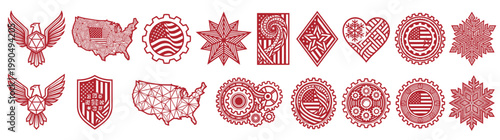 Red Flat Line Art Vector Patriotic American Icon Set and Professional Graphic Design Elements Bundle : National Symbols like Eagle United States Map Star Flag Shield Heart Isolated on White