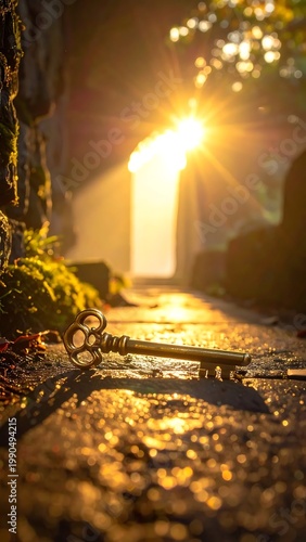 Vintage Golden Skeleton Key Lying On Mossy Path Leading To A Glowing Mysterious Portal In A Dark Fantasy Environment With Cinematic Lighting
