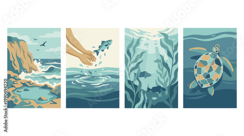 Marine Life Vector Set: Ocean Coastline, Fish Conservation, Underwater Kelp, and Sea Turtle Illustration