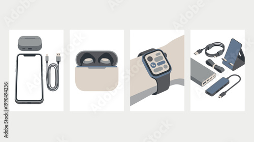 Consumer electronics vector illustration set: smartphone, wireless earbuds, smartwatch, and tech accessories flatlay