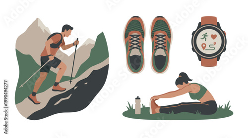 Trail Running Flat Vector Illustration Set: Runner, Athletic Shoes, GPS Watch, and Post-Run Stretch
