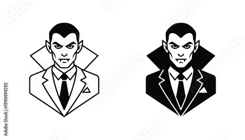 Minimalist vampire icon set in black and white line art and solid silhouette styles for graphic design projects