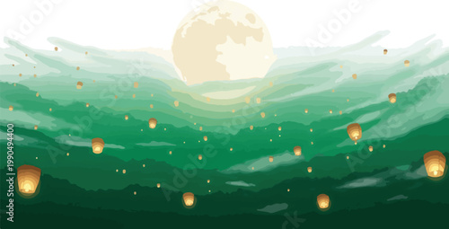 Illustration of a serene landscape with a full moon shining over green hills and scattered lanterns in the night sky.