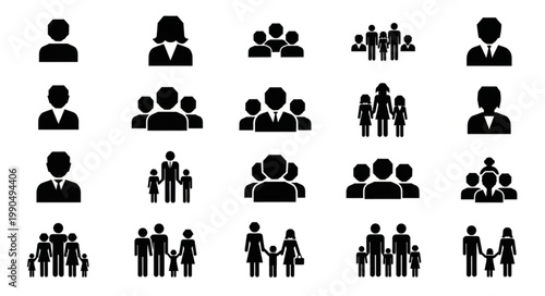 Collection of diverse human silhouette icons representing people and families.