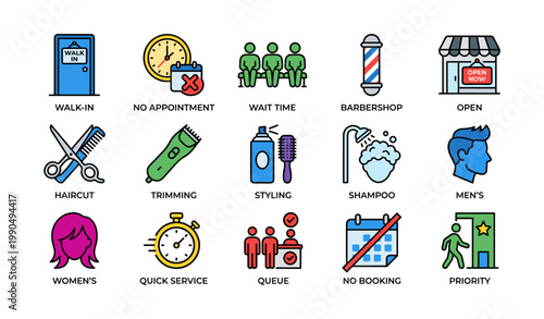 Barbershop icons showing walk in service haircuts on white background