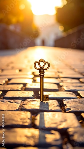 Vintage Golden Skeleton Key Standing Upright On A Cobblestone Path During A Bright Sunset With A Warm Cinematic Glow And Bokeh Background