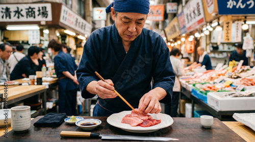 Skilled sushi chef preparing fresh sashimi in market