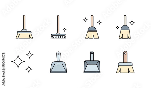 Cleaning tools icon set broom dustpan sparkle flat vector illustration