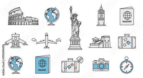 Collection of Travel Icons and Landmarks Hand Drawn Style.
