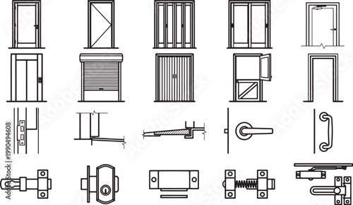 Architectural Door Designs and Hardware Details. Featuring a variety of door designs and associated hardware elements in a minimalist black and white.