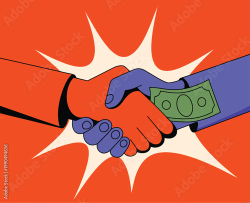 A corrupt deal illustrating a shady handshake with money exchanging hands
