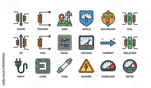 Transformer icons showing coils panels and meters on white