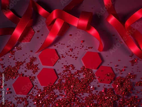 Ruby ribbons arranged in intersecting angular lines over scarlet geometric hexagons, scattered crimson glitter, from a low vantage, abstract,  pattern