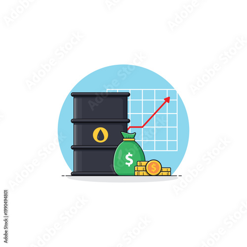 Oil Barrel, Money Bag, Coins, and Rising Stock Chart Vector Illustration. Oil Price Increase Concept Design