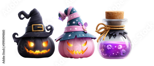 Three whimsical Halloween-themed characters a spooky pumpkin, a playful witch, and a potion bottle, set against a vibrant background