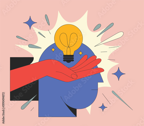 A person experiencing a brilliant idea symbolized by a glowing lightbulb and starburst