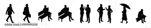 Flat Vector Black Silhouette Icon Set and Professional Graphic Design Bundle : Diverse Human People Characters in Various Activities Such as Walking Sitting on Bench and Talking Isolated on White