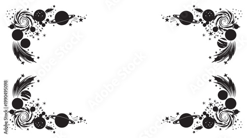 Corner elements of space-themed illustrations frame an empty central space with swirling galaxies and orbiting planets for creative graphic layouts.