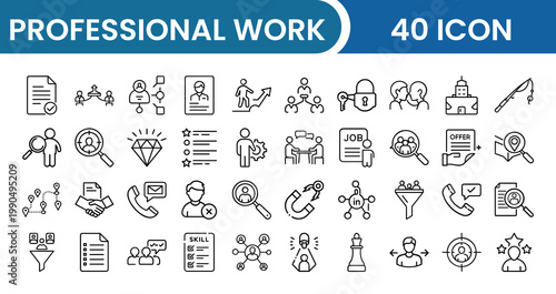 Professional Work Icon Pack – 40 Business, Office, Team, Productivity, Tasks, Corporate, Career, Workflow Vector Icons