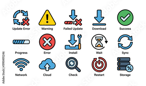 System update and download icons showing status on white