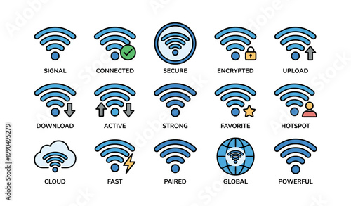 Wifi icons showing connection states on white background