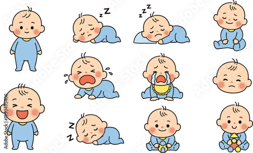 Cute Baby Character Illustration Set Featuring Cartoon Infant Emotions, Sleeping, Crying, Laughing, Crawling, and Playing Poses for Kids Design and Parenting Content